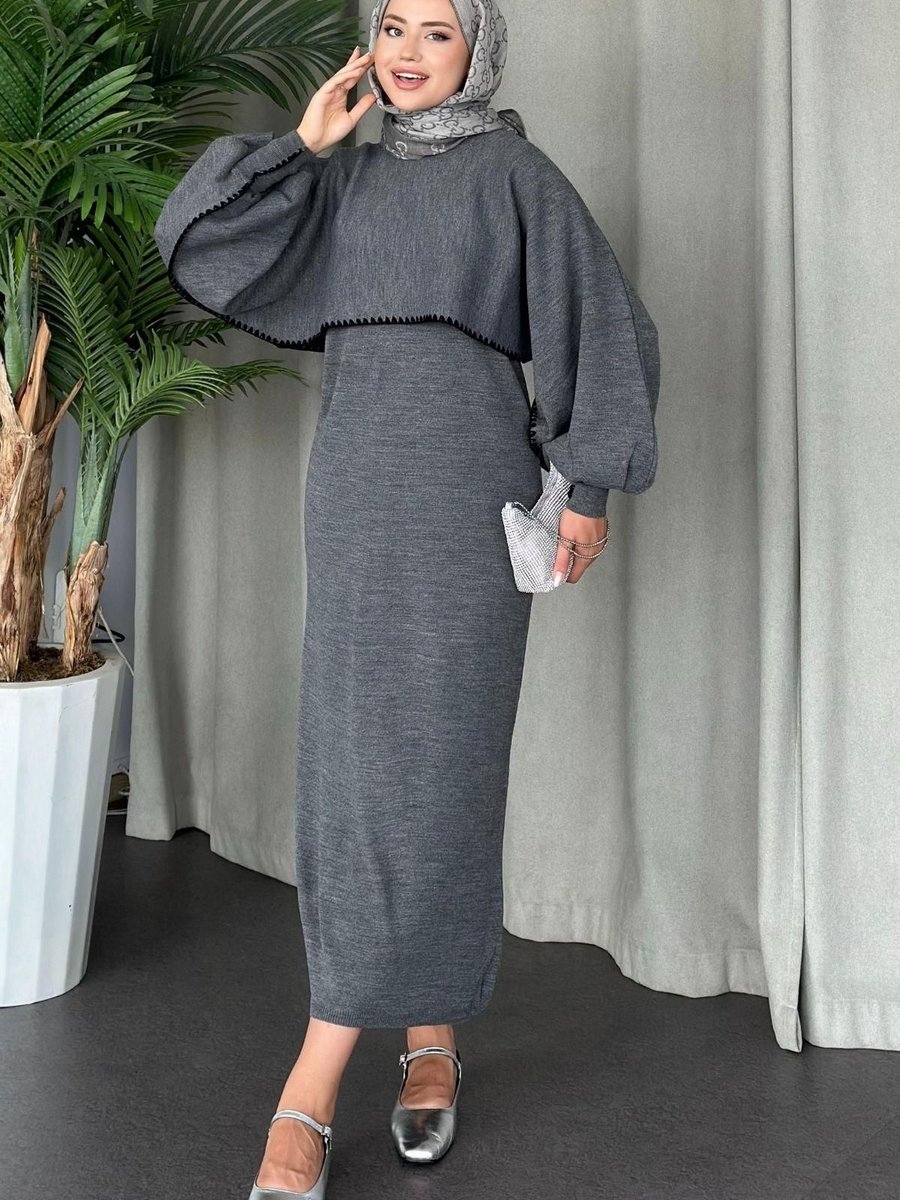 Haza Moda Crop Görünümlü Triko Elbise Füme
