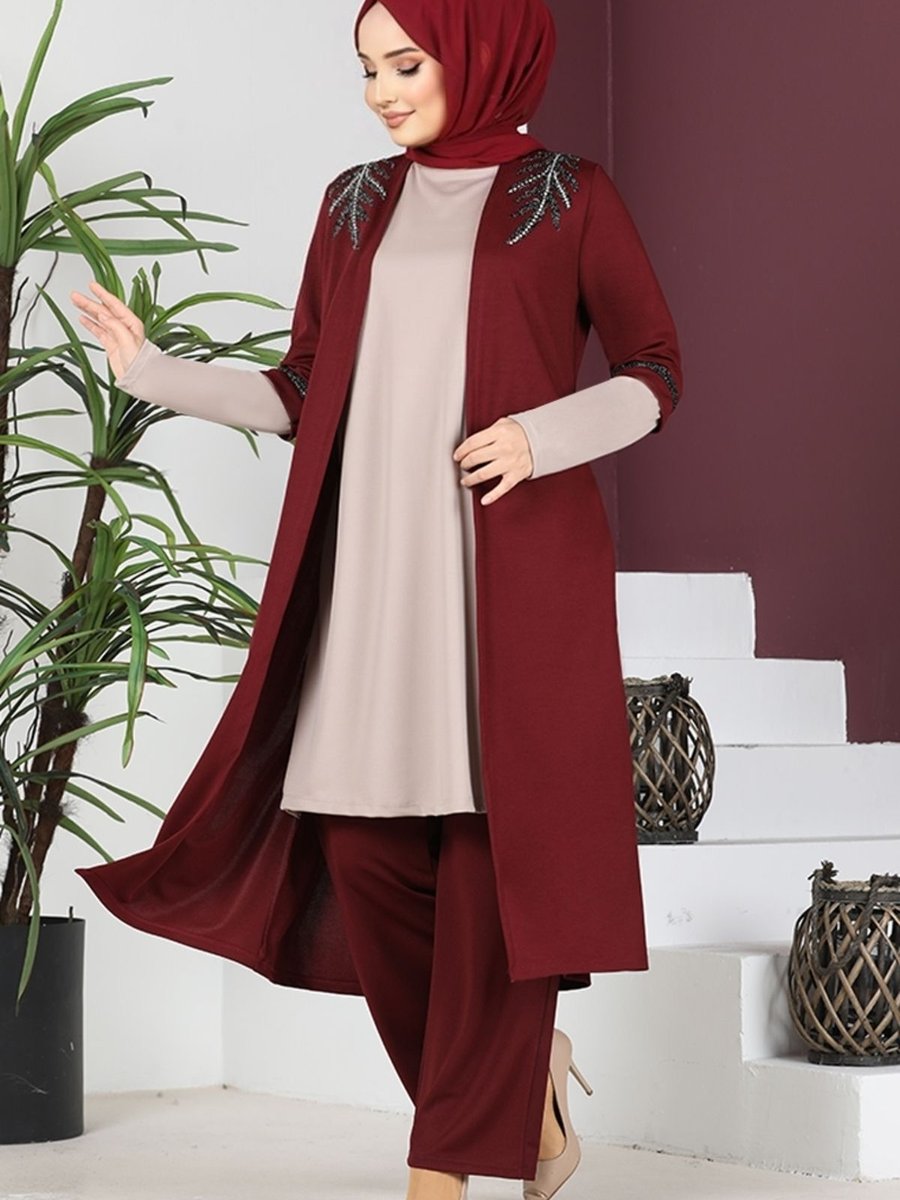 Ayşe Melek Tasarım Giyim Abiye Moda Aplike Taşlı Tunik Pantolon Takım Bordo Vizon
