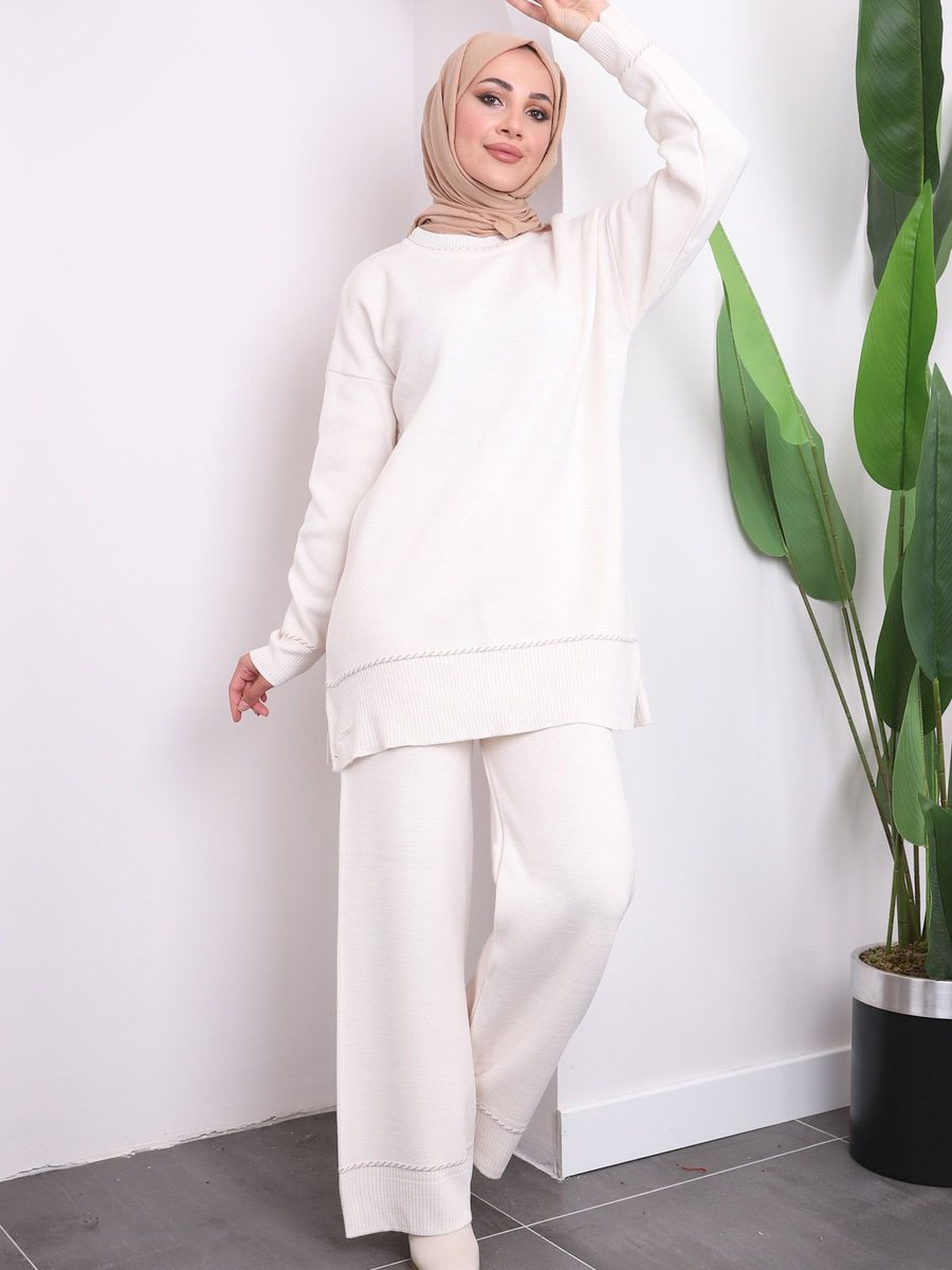 İmajbutik Krem Pantolonlu Triko Tunik Takım