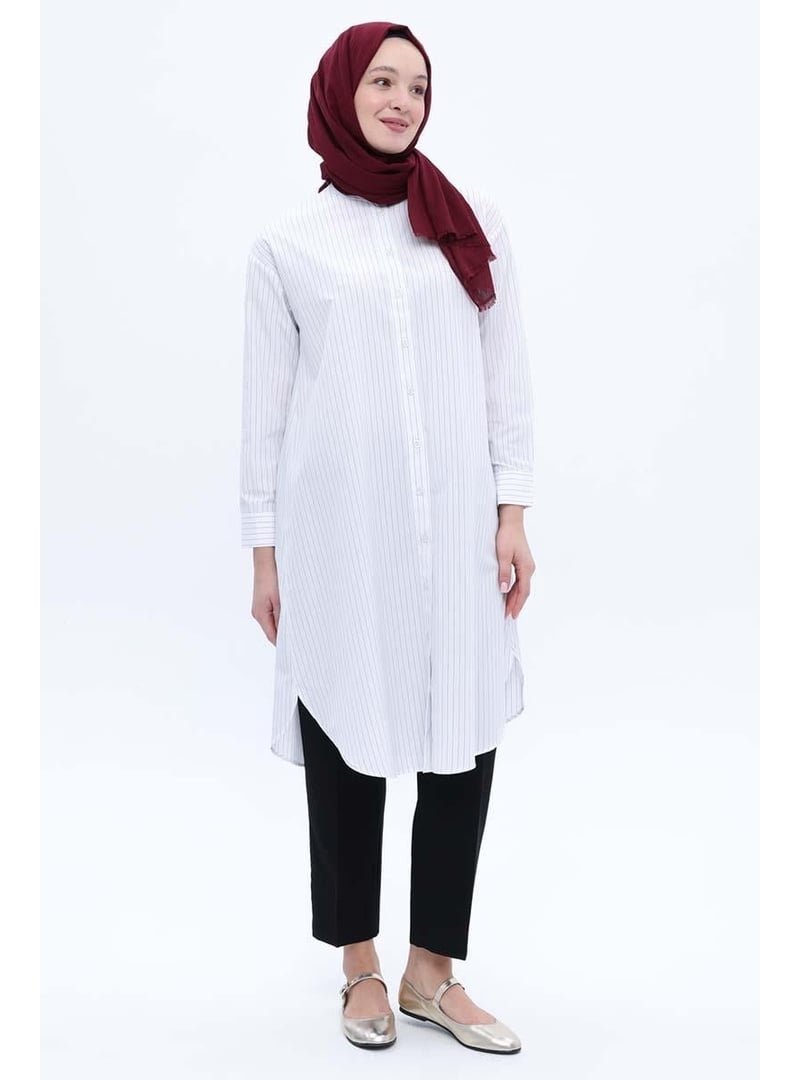 Allday Beyaz Pamuklu Çizgili Poplin Gömlek Tunik