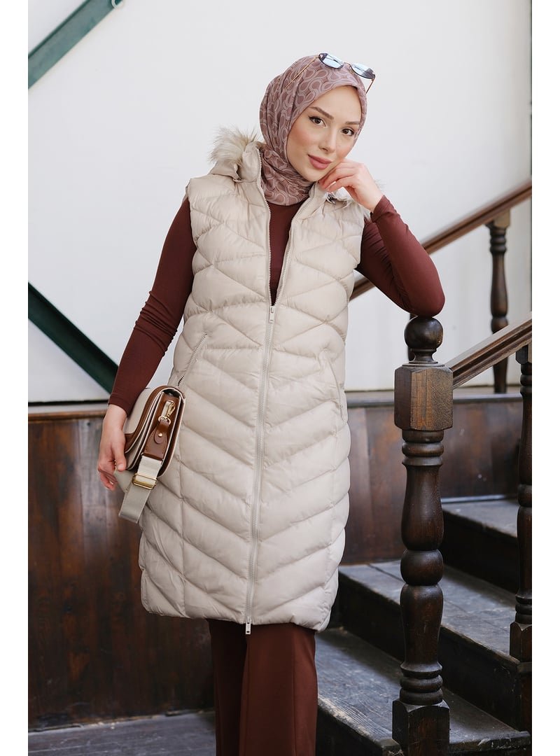 Locco Moda Bej Kapüşonlu Kolsuz Şişme Yelek