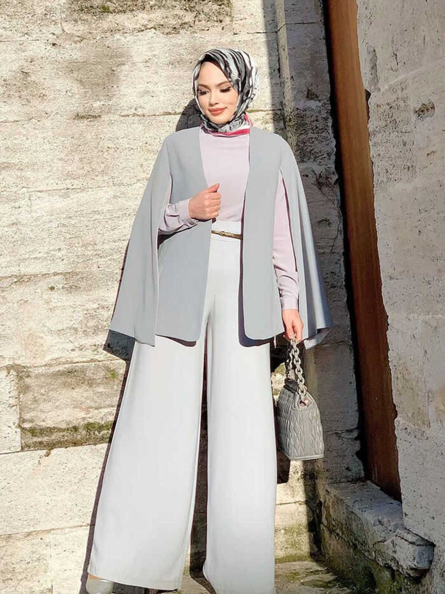 Bym Fashion Pelerin Kol Görünümlü Düz Astarlı Ceket Gri