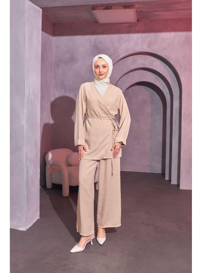 Nergis Neva Çapraz Baglamalı Keten Kimono Takım