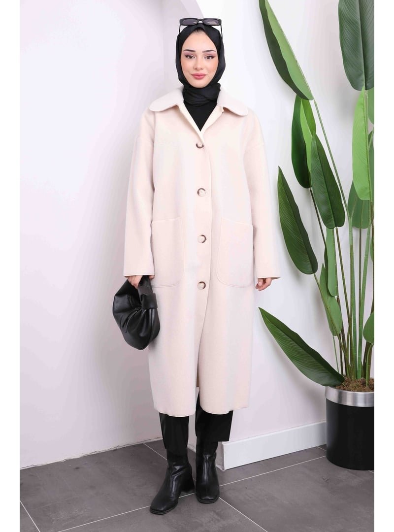 İmaj Butik Bej Kruvaze Yaka Oversize Kaban