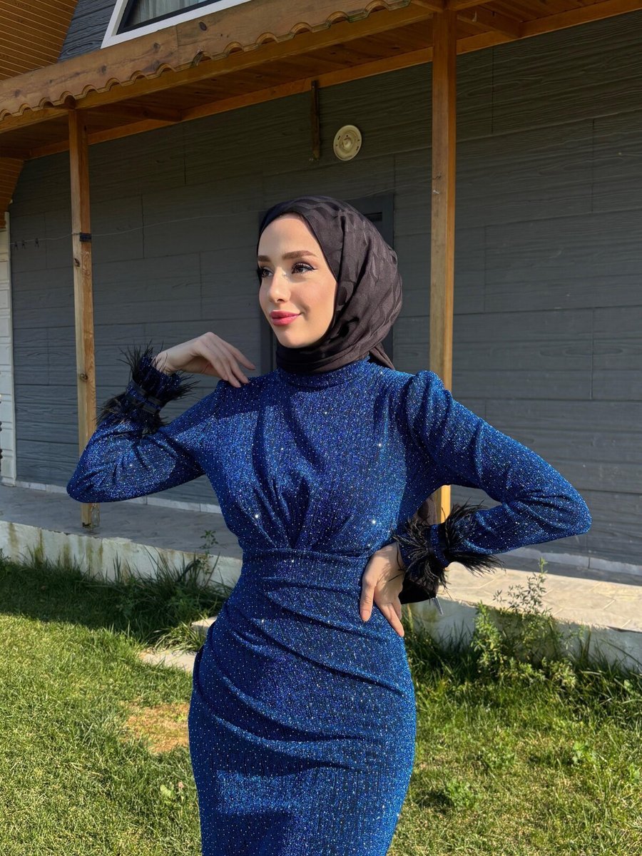 Ensa Tesettür Mavi Tuba Abiye Elbise