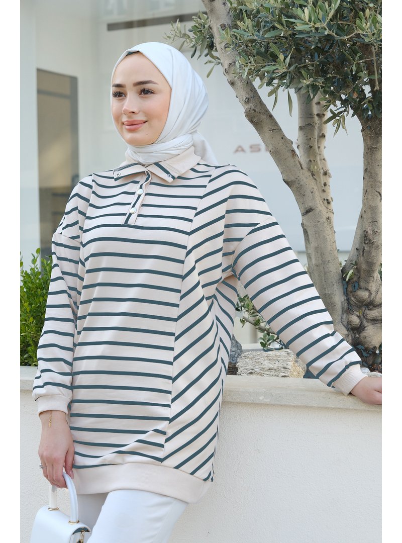 Locco Moda Yeşil Önü Çıt Çıtlı Çizgili Sweat