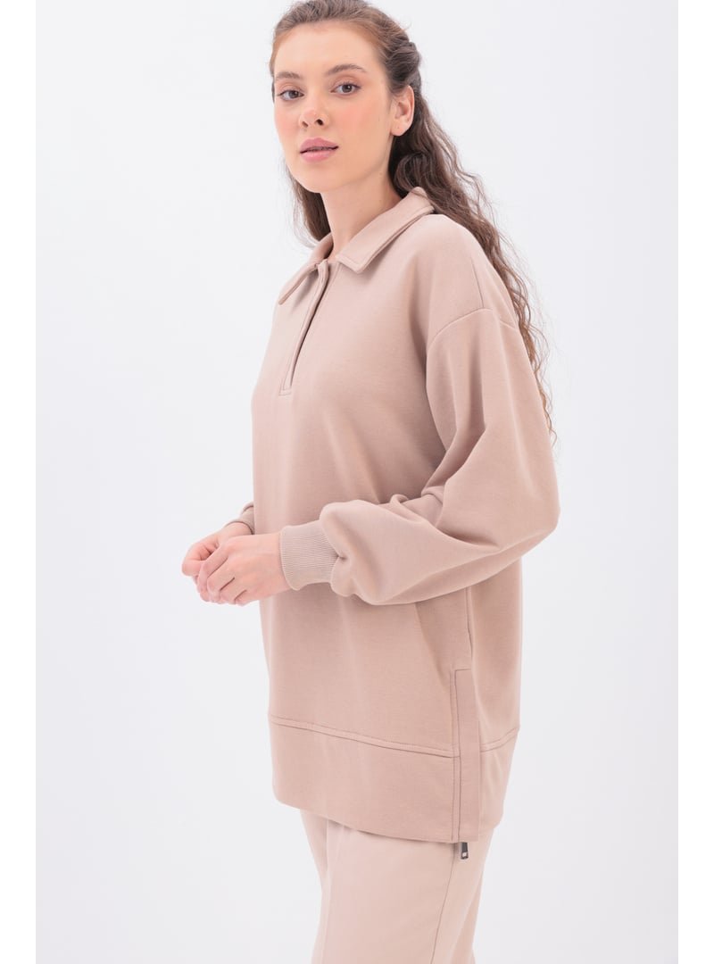 Allday Bej Yanları Fermuarlı Yakalı Sweat Tunik
