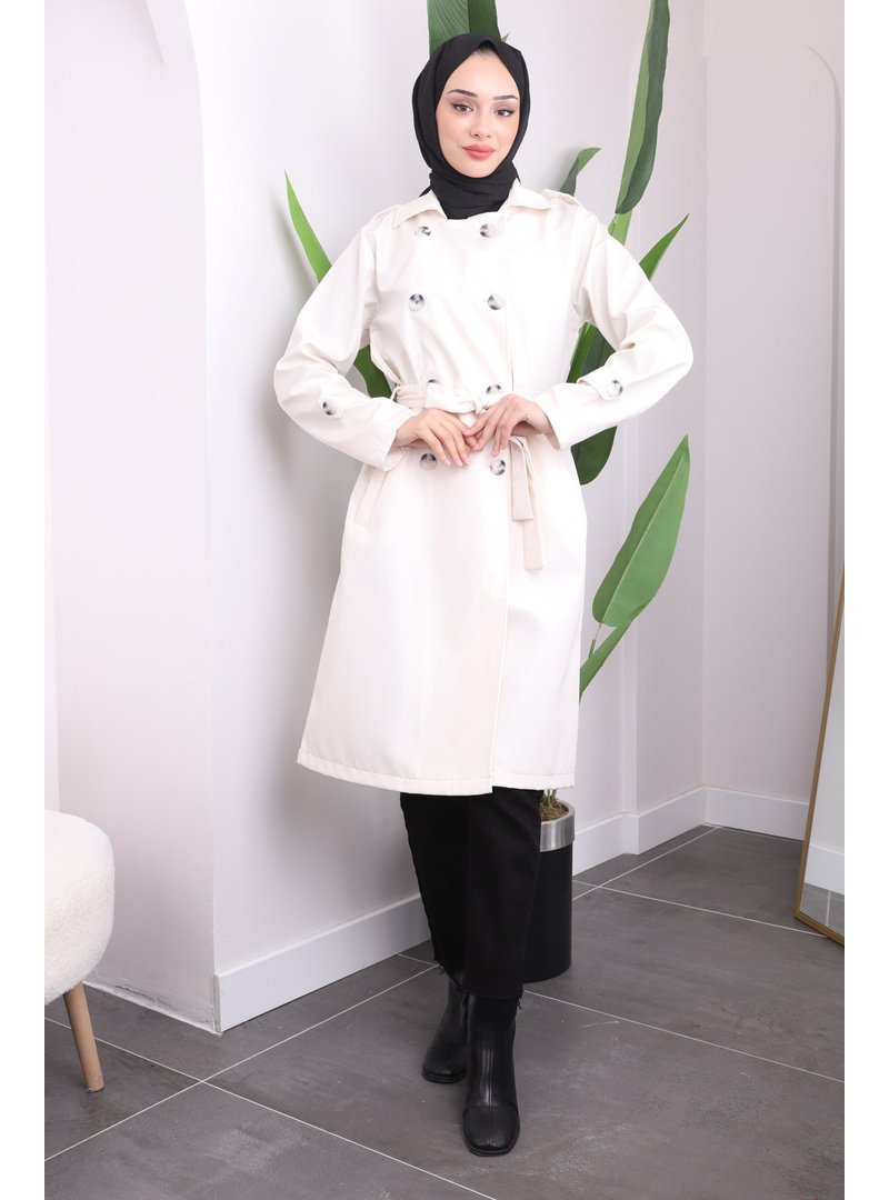 İmaj Butik Ekru Kruvaze Yaka Kuşaklı Trençkot