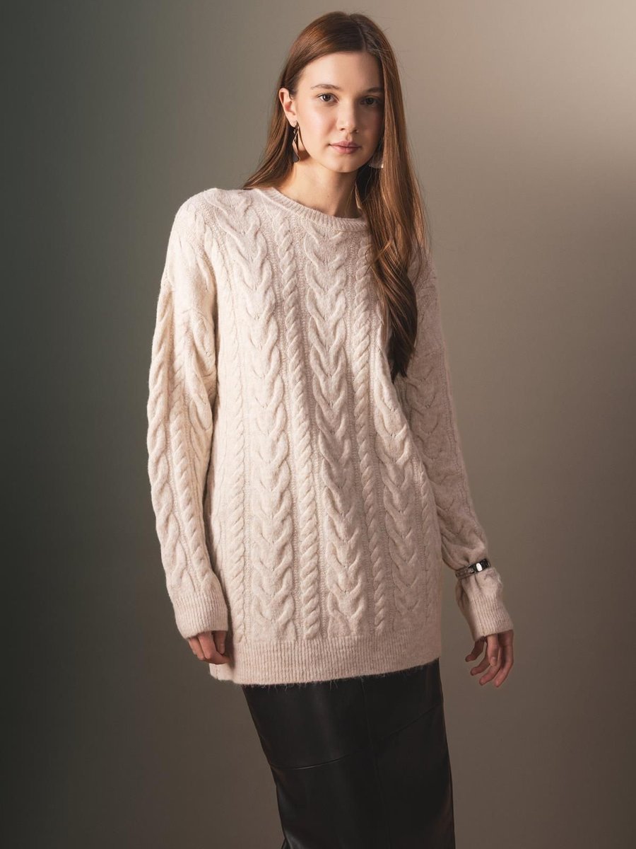 Defacto Regular Fit Bisiklet Yaka Saç Örgü Desenli Triko Kazak Tunik B4284ax23wn