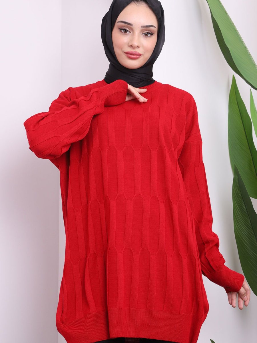 İmajbutik Kırmızı Bisiklet Yaka İnce Merserize Salaş Triko Tunik