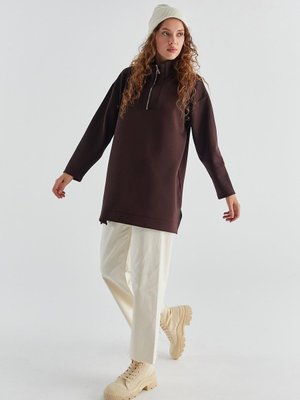 Markaliste Fermuarlı Scuba Tunik Kahverengi