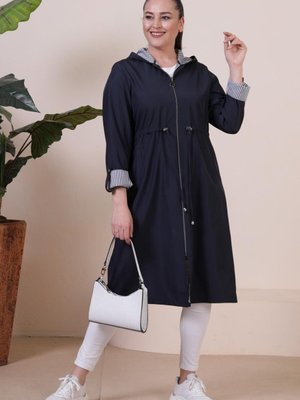 Ferace Kadin Uzun Tesettur Trenckot Buyuk Beden Fermuarlı Trenc