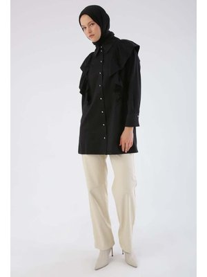 Allday Siyah Taş Düşmeli Volanlı Saten Gömlek Tunik