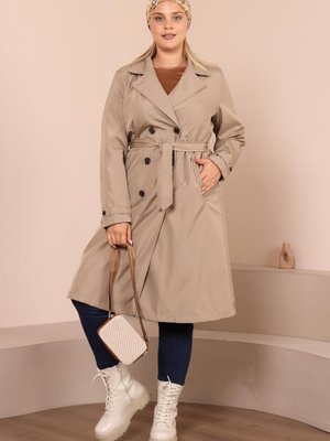 Ferace Büyük Beden Kemerli Uzun Trençkot