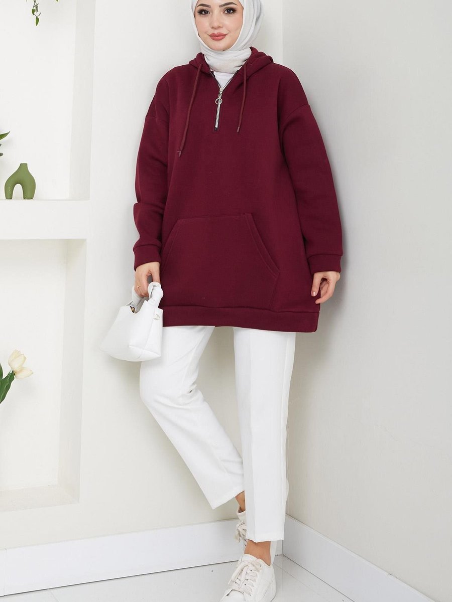 Hafsamina Üç İplik Fermuarlı Kapüşonlu Kanguru Cepli Sweatshirt Tunik Bordo