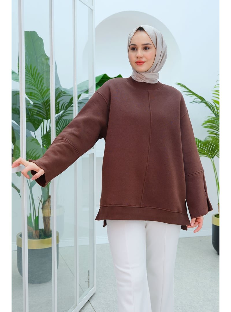 Locco Moda Kahverengi Bilek Yırtmaç Detaylı Oversize Sweat