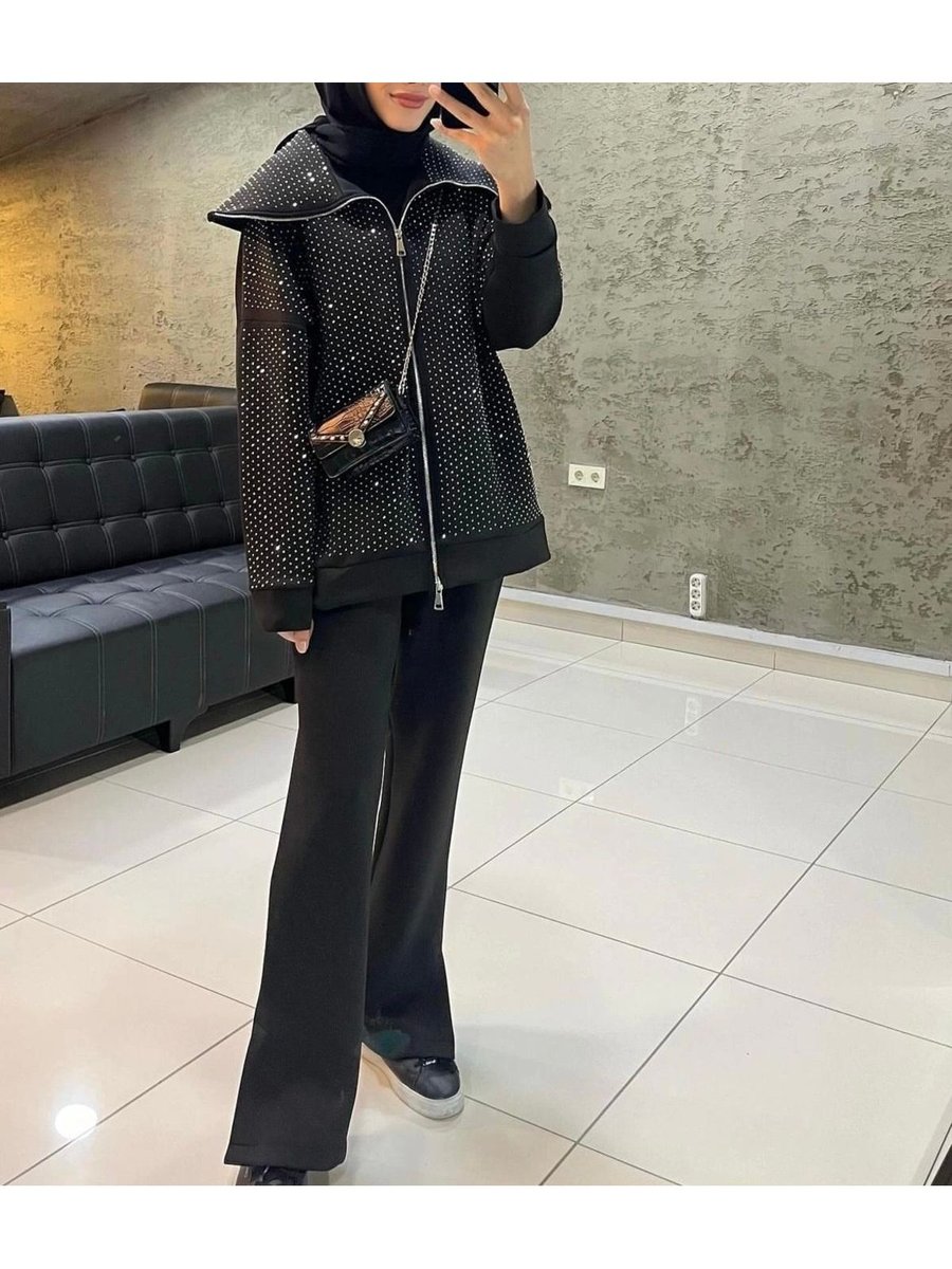 Defnece Butik Scuba Kumaş Taşlı Takım