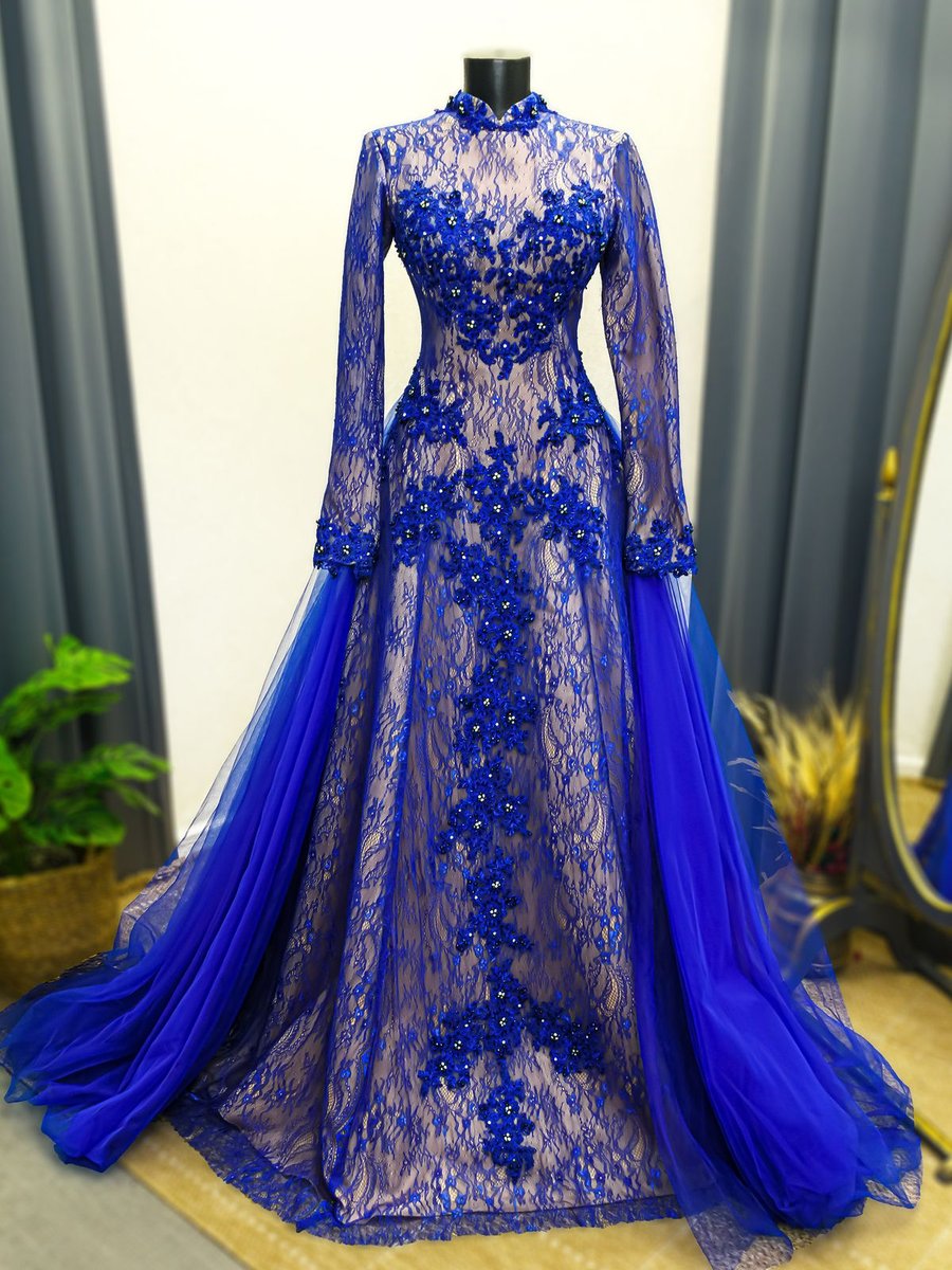 Moda Saks Mavisi Bej Tesettür Güpürlü Nişanlık