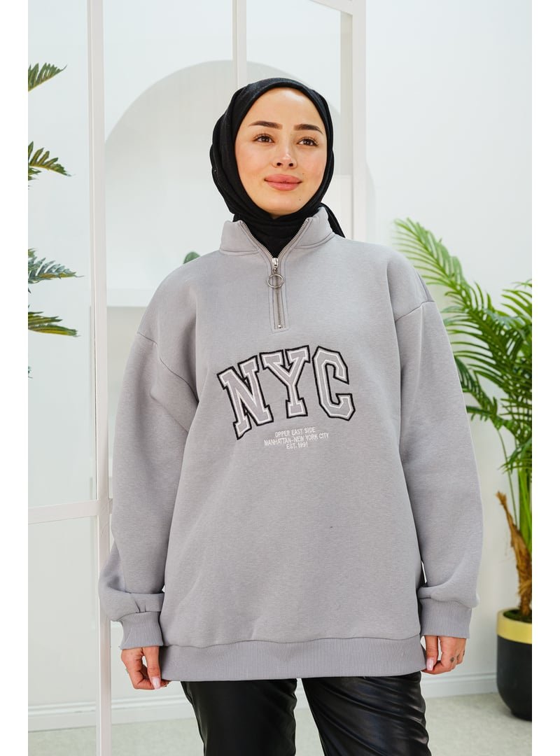 Locco Moda Gri Nyc Baskılı Yarım Fermuarlı Sweat