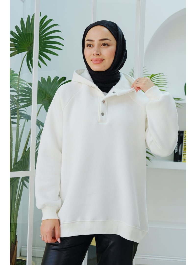 Locco Moda Beyaz Çıt Detay Kapüşonlu Sweat
