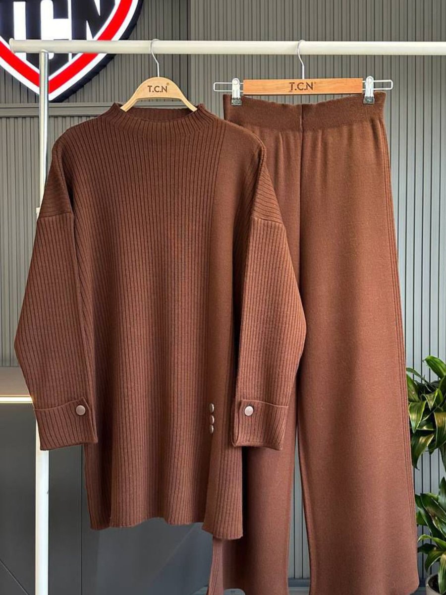 Bold Grup Kahverengi Standart Triko Fitilli Düğme Detalı İkili Tunik Pantolon Takım