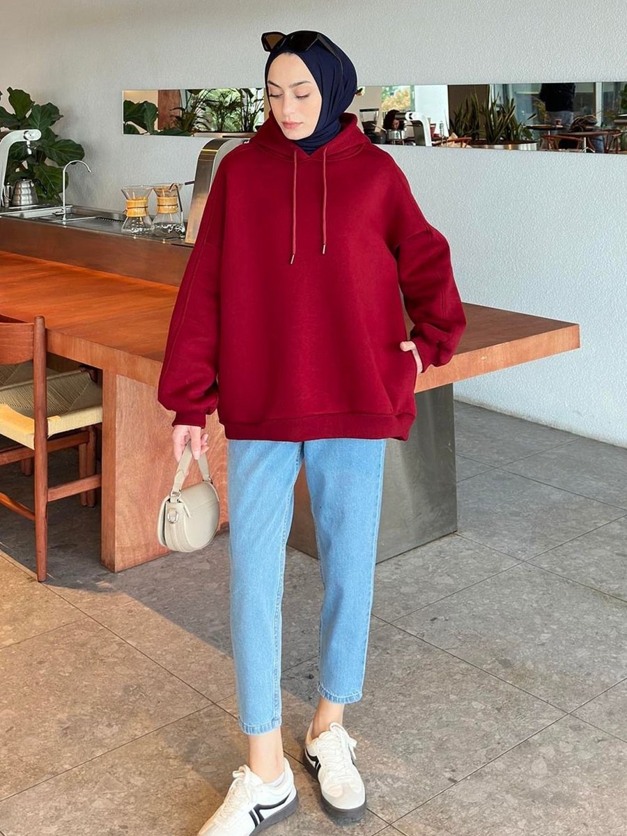 Lamelif Kapüşonlu Oversize Yan Cepli Sweat