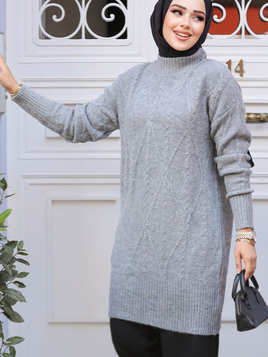 Neva Style Baklava Desenli Gri Triko Tunik Kazak