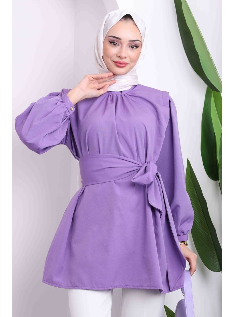 İmaj Butik Mor Omuz Detaylı Kuşaklı Tunik