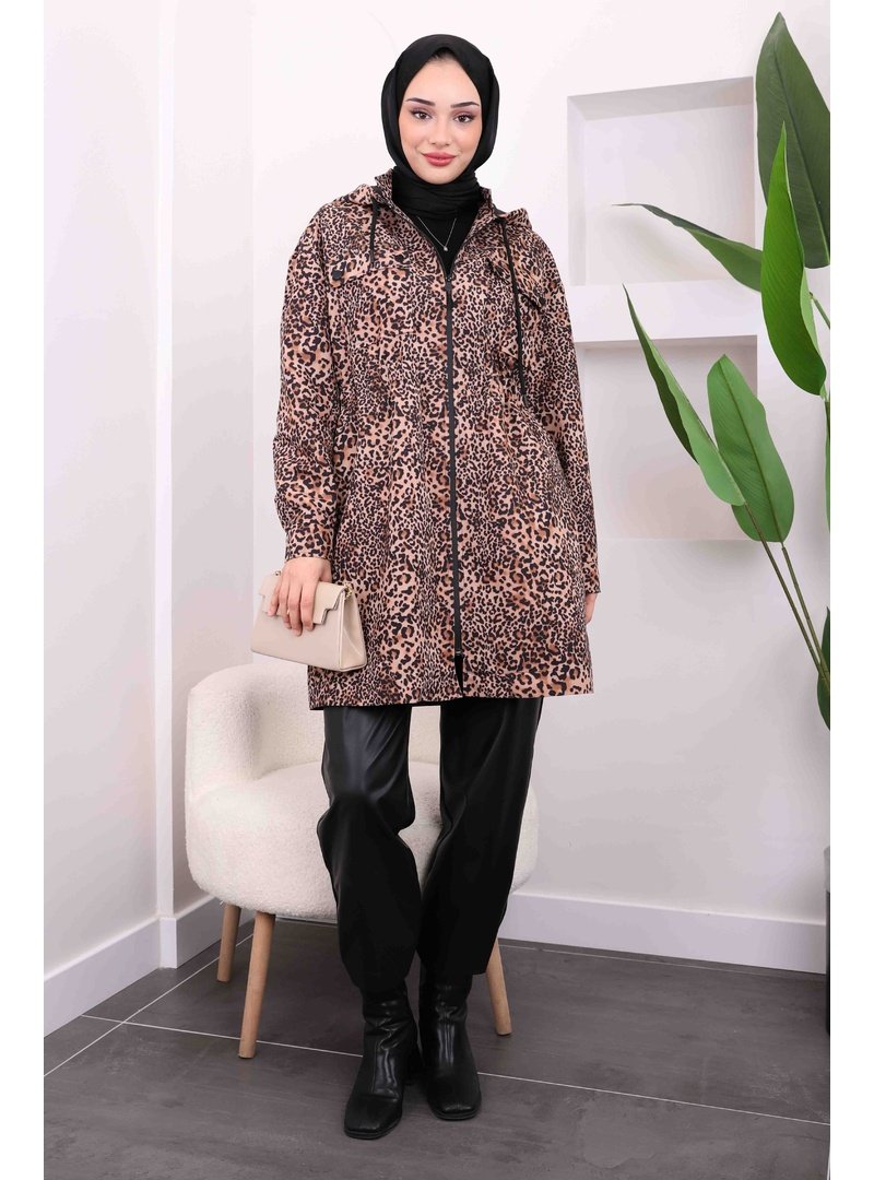 İmaj Butik Vizon Bel Büzgülü Kapüşonlu Leopar Trenç