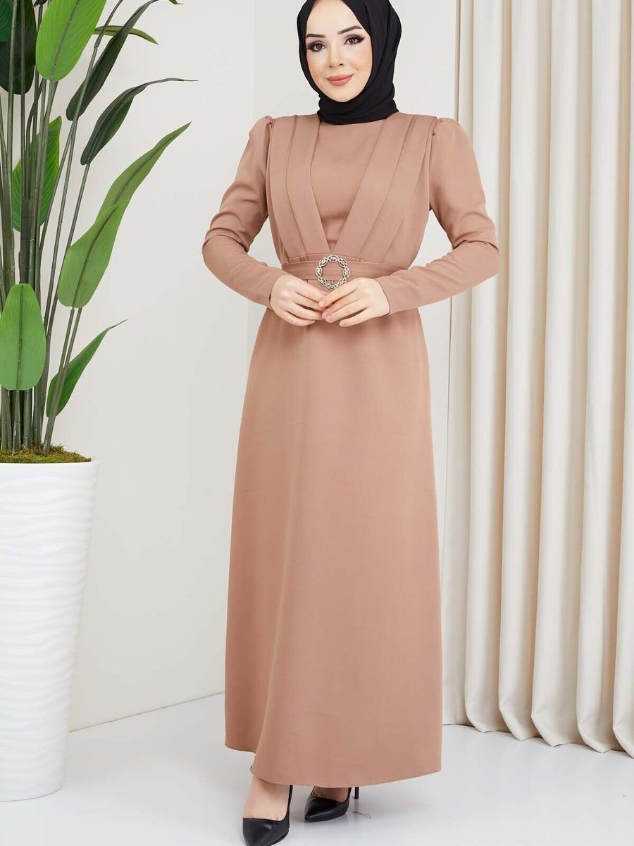 Marwella Camel Kelebek Krep Elbise