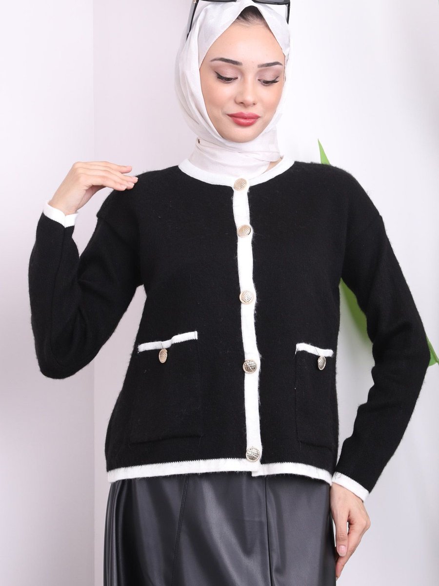 İmajbutik Siyah Cepli Düğmeli Kısa Triko Hırka
