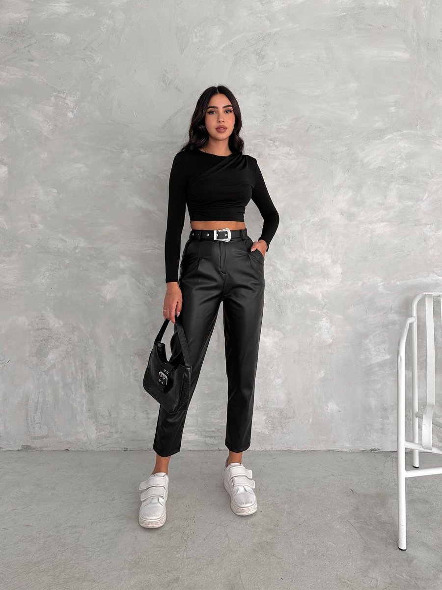 Winmoda Kemerli Pantolon Suni Pantolon/ Kadın Deri Pantolon