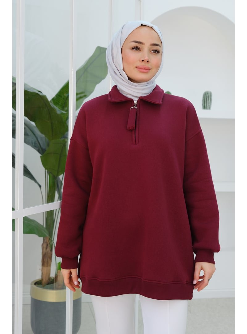 Locco Moda Bordo Yarım Fermuar Detay Sweat