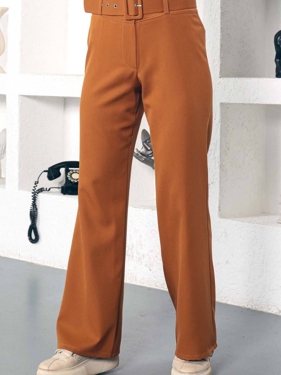 Tesettür Dünyası Kemerli Bol Paça Pantolon Taba