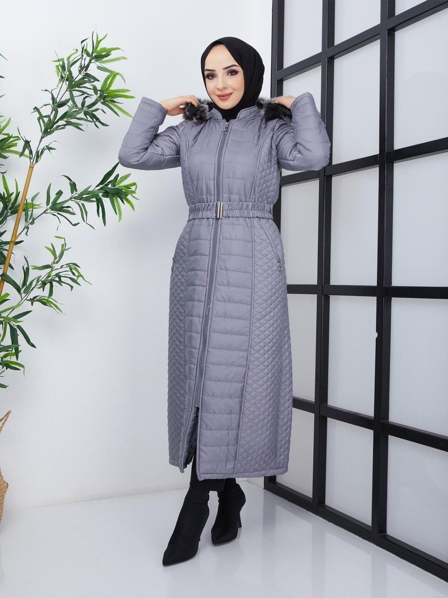 Lurex Moda Çift Desenli Uzun Kapitone Mont