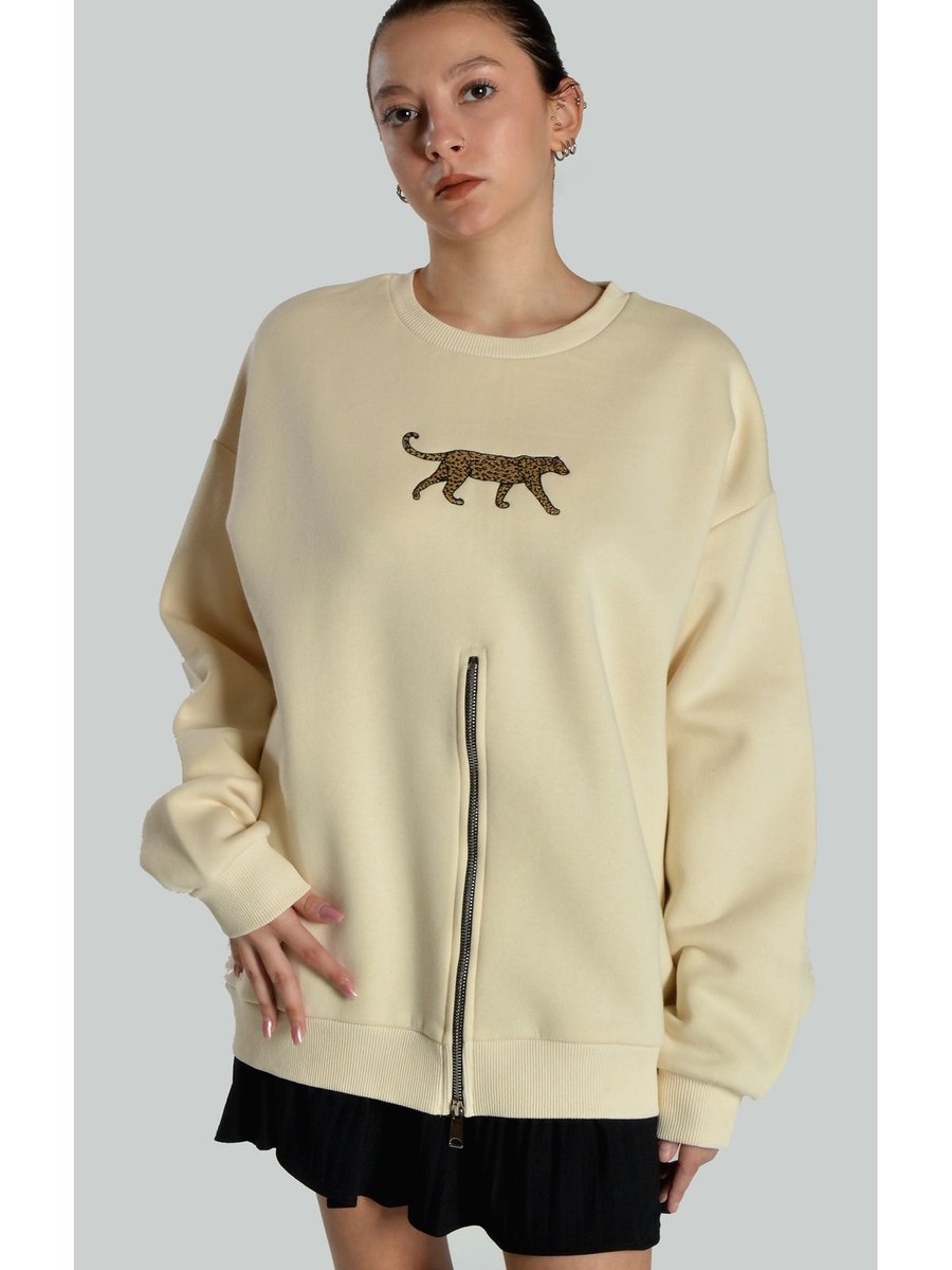Kuzu Önden Fermuarlı Leopar Detaylı Sweatshirt