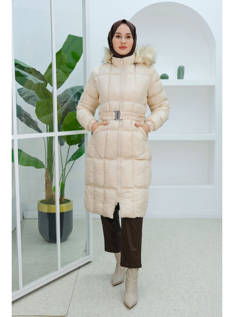 Locco Moda Krem Kare Desenli Şişme Mont