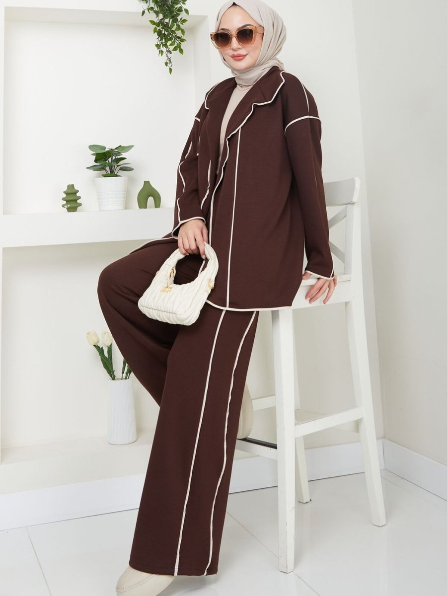 VOLT CLOTHİNG Kahverengi Biyeli Scuba Kumaş Ceketli Pantolonlu Takım