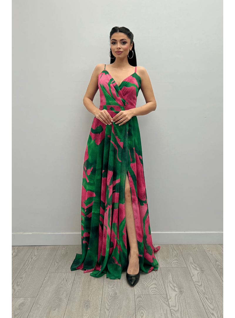 Giyim Masalı Yeşil Organze Sifon Kumaş Desenli Maxi Elbise