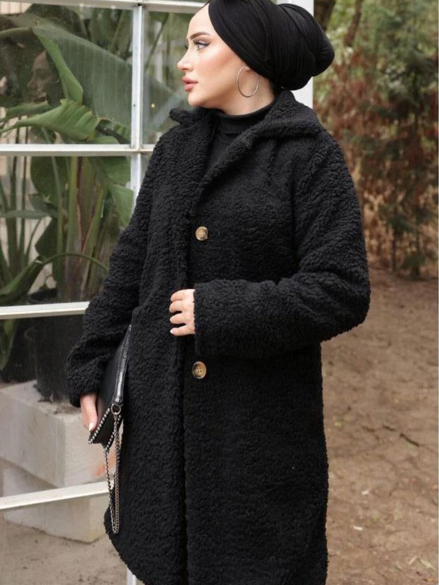 Hafsamina Kruvaze Yaka Peluş Mont Siyah