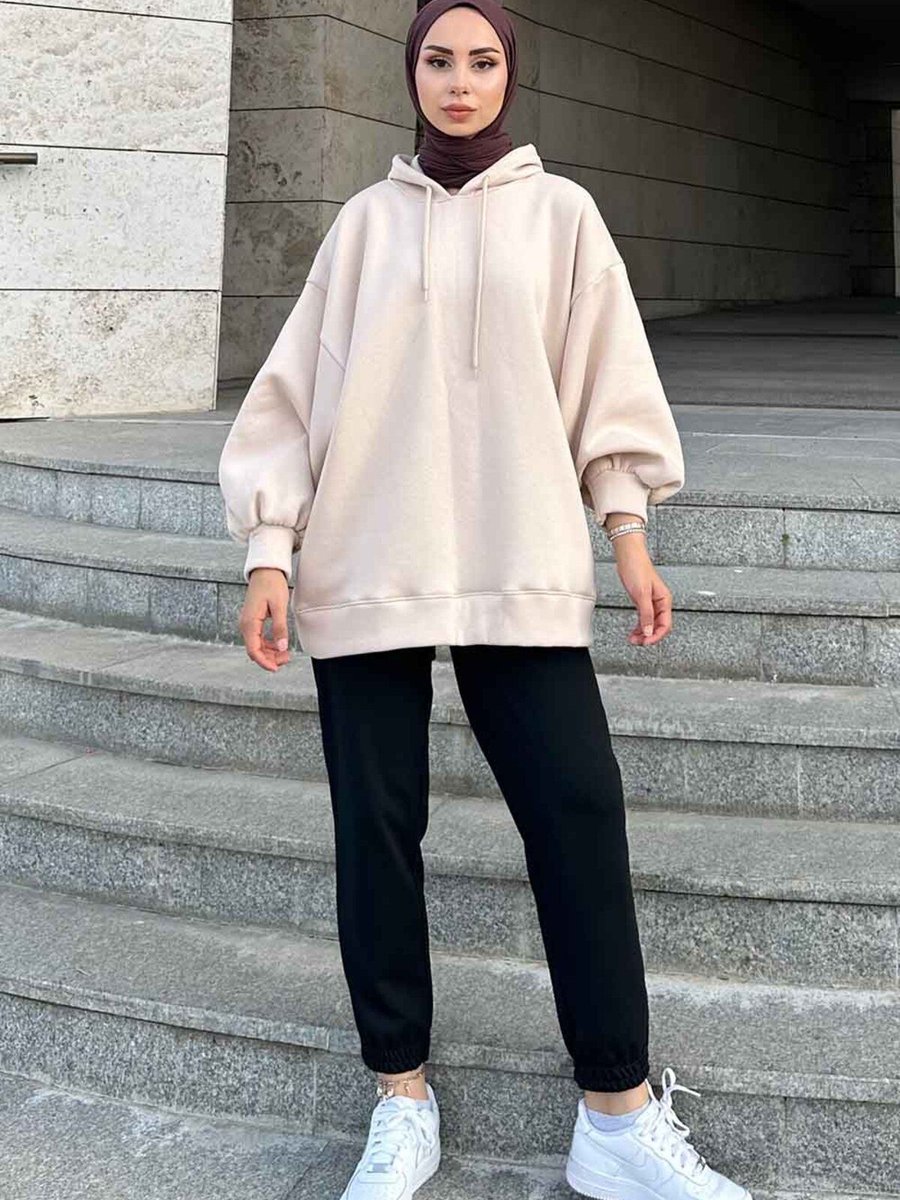 Lamelif Üç Iplik Balon Kol Sweatshirt Krem