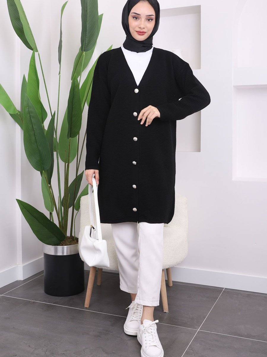 İmajbutik Siyah Düğmeli Gofralı Triko Hırka