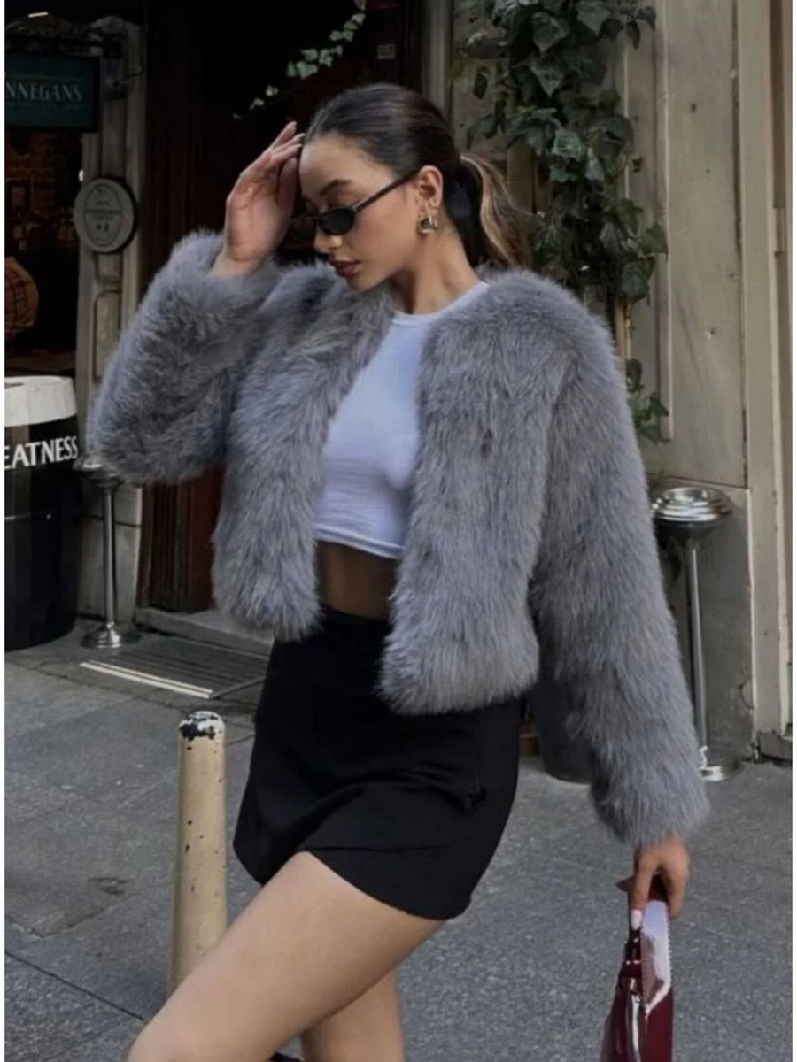 Ada Style Gri Yakasız İthal Kaliteli Kürk