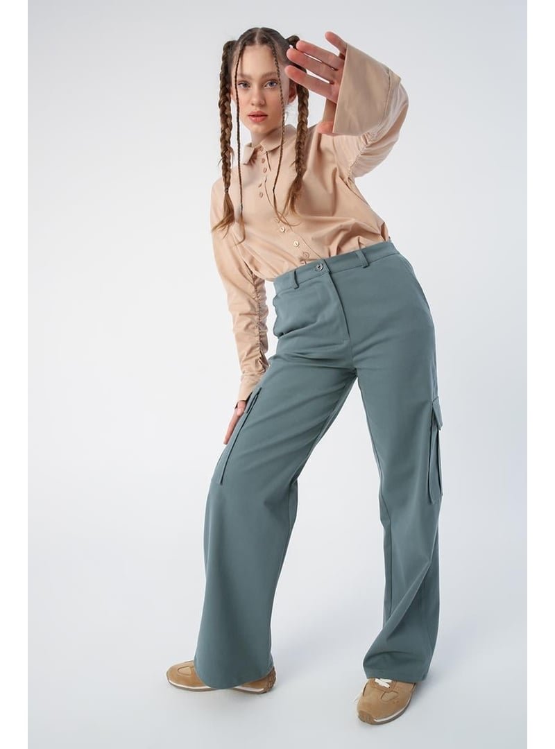 Allday Pamuklu Kargo Cepli Bol Paça Pantolon Pastel Yeşili