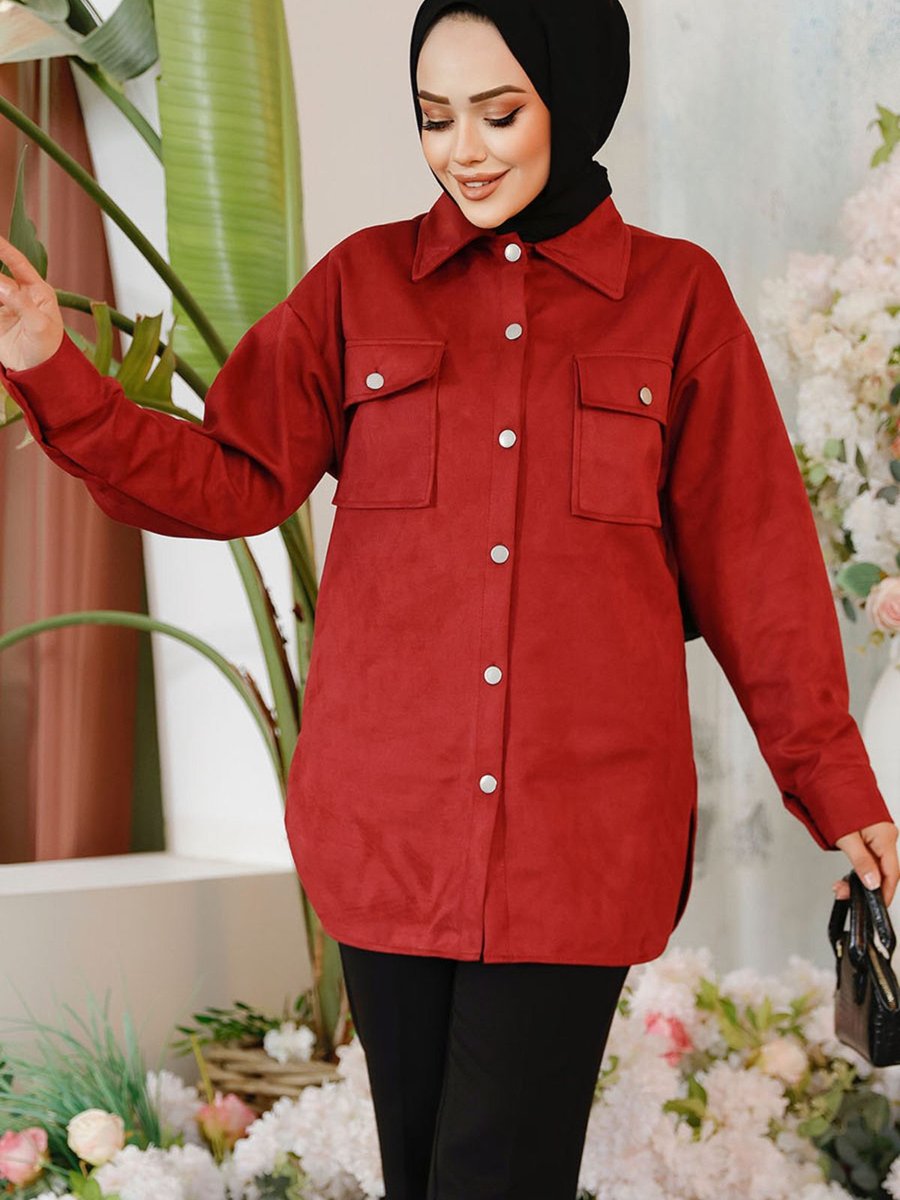 Neva Style Düğmeli Bordo Süet Gömlek