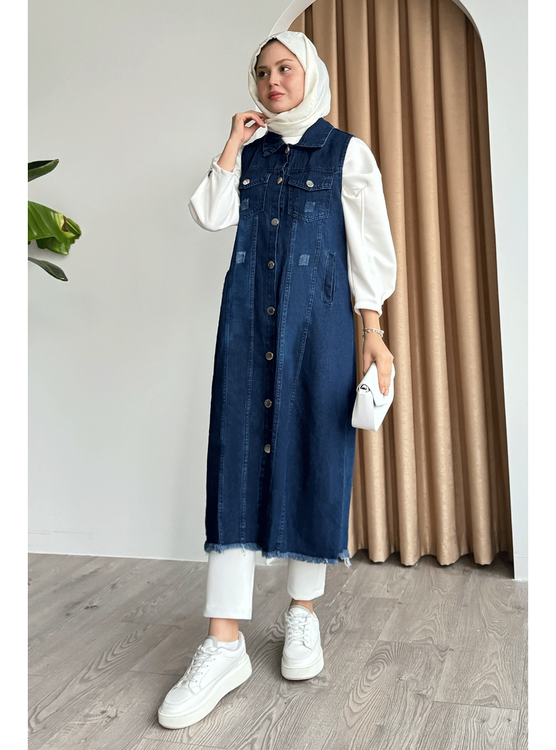 InStyle Eskitme Detay Koyu Mavi Kot Yelek