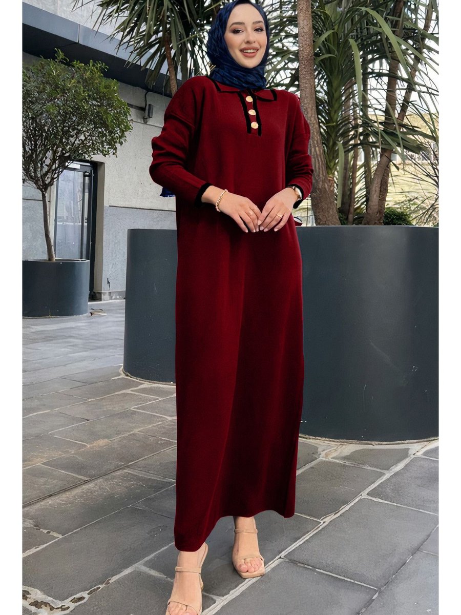 Maxxana Oversize Düğmeli V Yaka Fitilli Triko Elbise