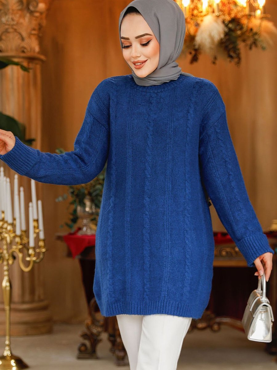 Neva Style Örgü Desenli İndigo Mavisi Tunik Kazak