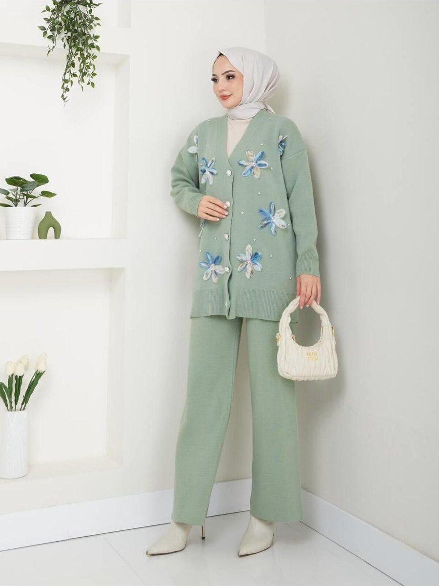 Moda Periy Çiçekli Hırka Pantolon İkili Triko Takım Tesettür Kombin