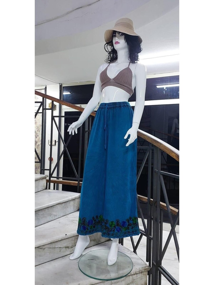 EREN STYLE Turkuaz Otantik Nakış İşlemeli Harem Şalvar Lastikli Pantolon